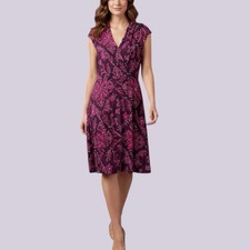 Tommy Bahama Magenta Coral Floral Faux Wrap Cap Sleeve Knit Dress S (no belt)
