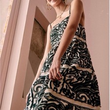 Sezane Anaka 100% Cotton Black and Ecru Embellished Layered Dress Size 42 US 10