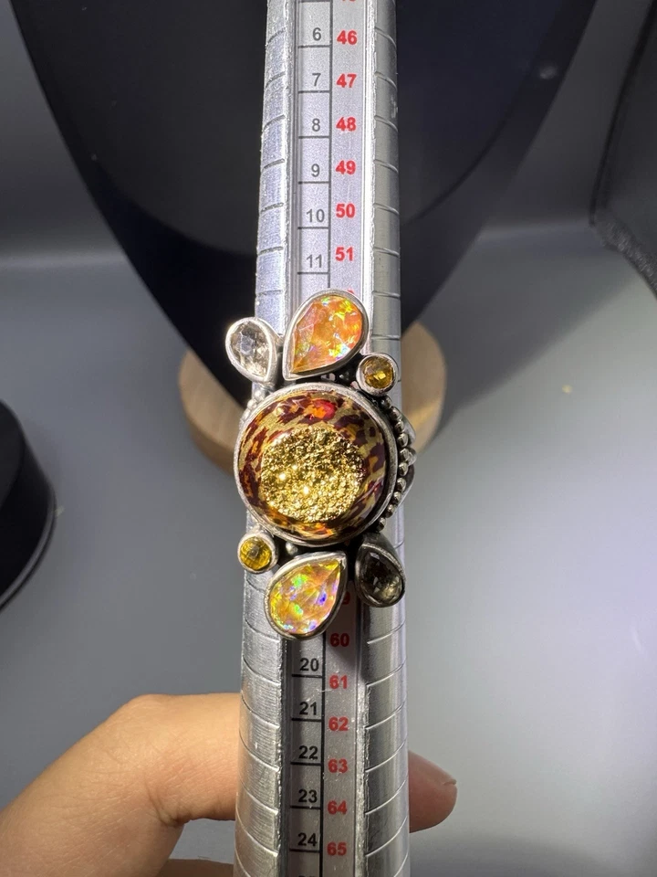 Anillo Sajen Plata Astral Leopardo Ópalo de Fuego Drusy Cuarzo Multi Piedras Preciosas Talla 7.75 B Foto 2 de 4