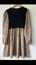 SheIn Black Ribbed Knit Beige Floral Jumper Dress Round Neck Long Sleeve L