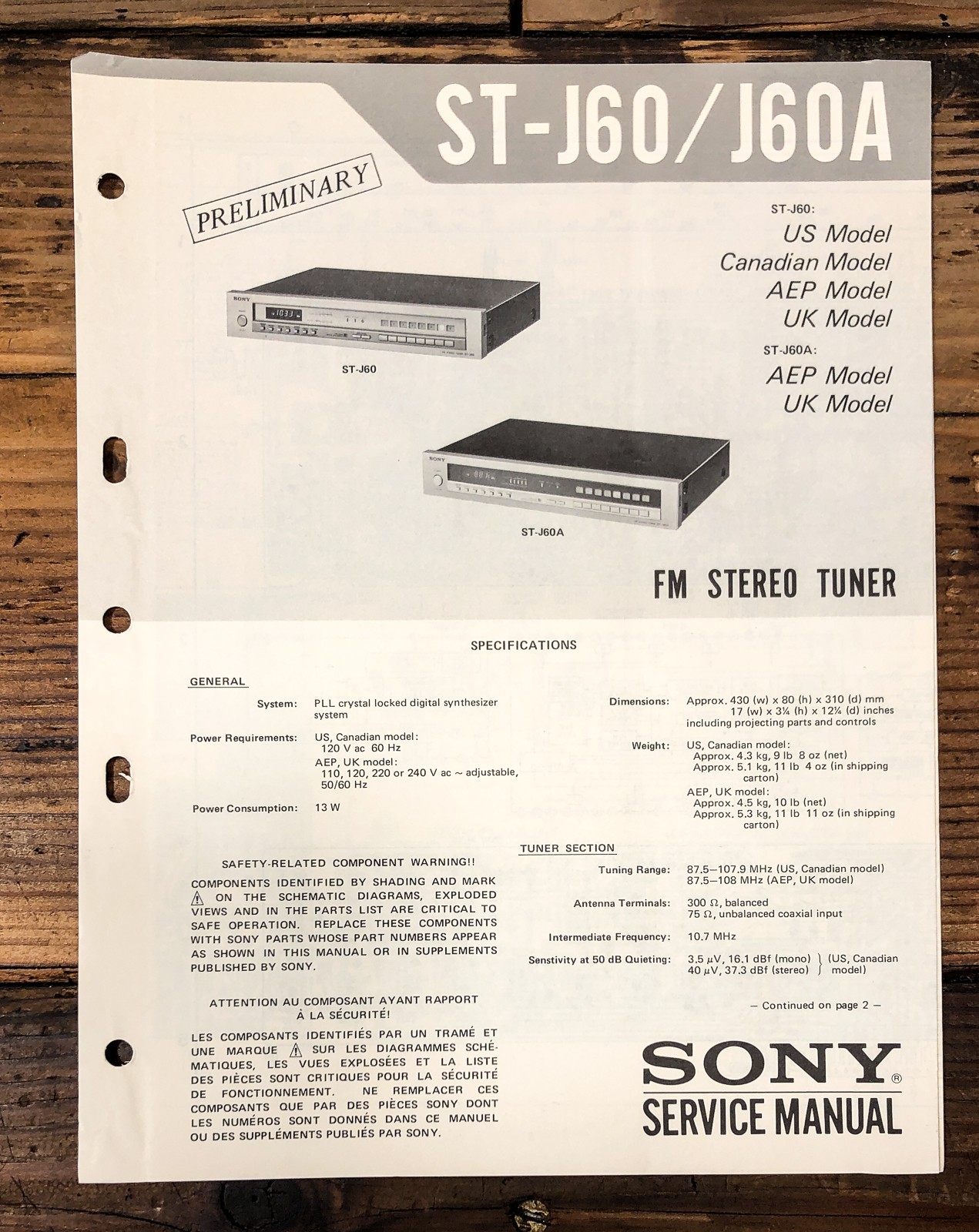 Sony ST-J60 ST-J60A Tuner Prelim. Service Manual *Original*