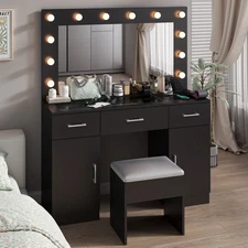 FCH Vanity Table Dressing Makeup 3 Drawers with Large Mirror and Glass Tabletop