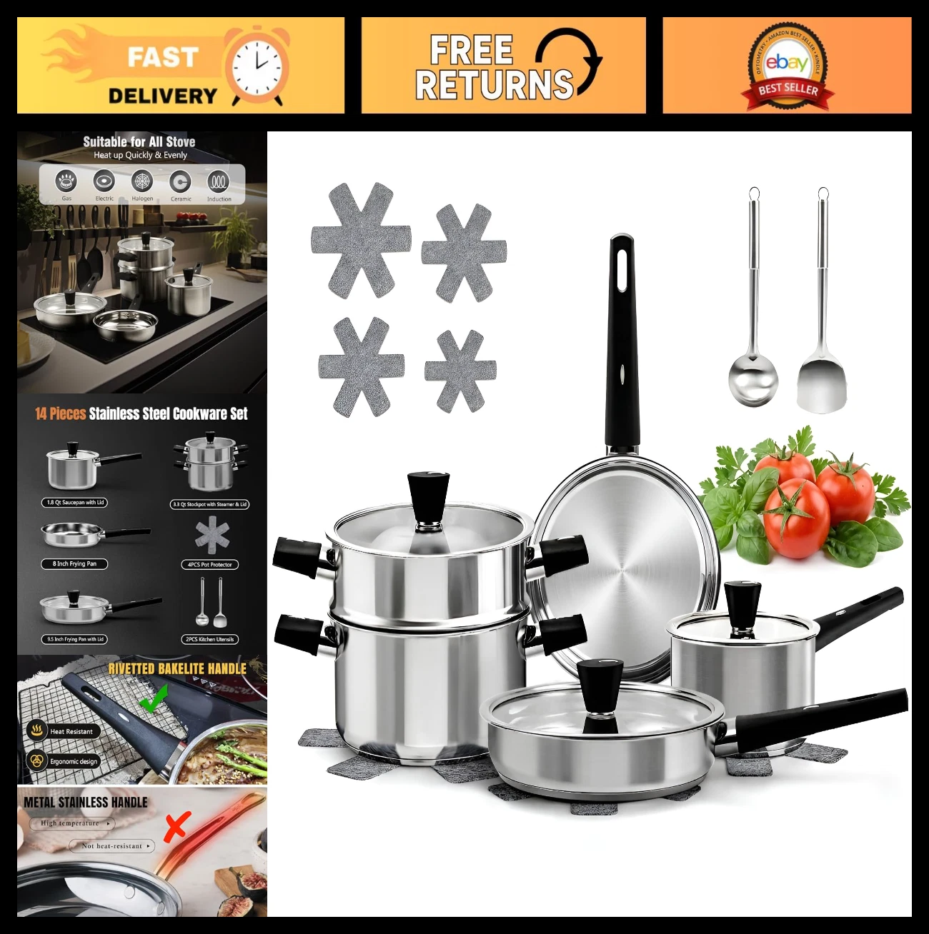 14-Piece Stainless Steel Cookware Set for Induction – Non-Toxic Pots, Glass Lids