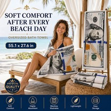55x28" US Money Beach Towel Soft Velour Absorbent 100 Bill Seaside Travel Towel