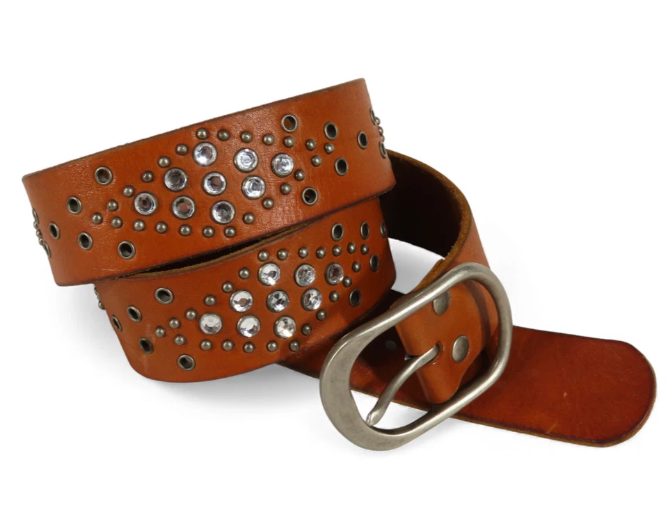 Cinto de couro marrom fóssil vintage Y2K ilhós de prata strass transparente tamanho G - Imagem 2 de 4