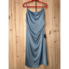 NWT Lulus Hollywood Woman Dusty Blue Satin Midi Dress Party Holiday Wedding Sz M
