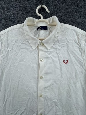 Fred Perry Short Sleeve Button-Down Cotton Large White Solid Shirt Mens Adult