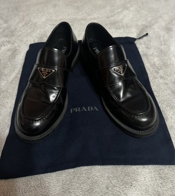 Prada Leather Triangle Logo Loafers Size 9 Men Black With Box