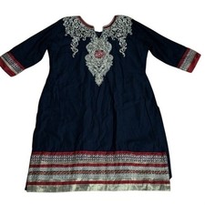 Red Gold Embroidered 3/4 Navy Blue Sleeve Tunic Dress Kurta Size M Party