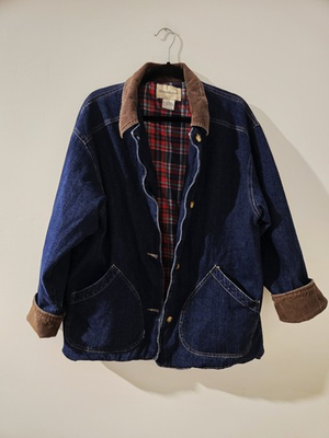 #ad Vintage Great Land Denim Chore Jacket Coat Plaid Lined Corduroy Collar Men#x27;s Lg $50.00