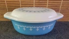 Vintage Pyrex Blue Snowflake Garland Oval Casserole Dish with Lid 1-1/2 Qt