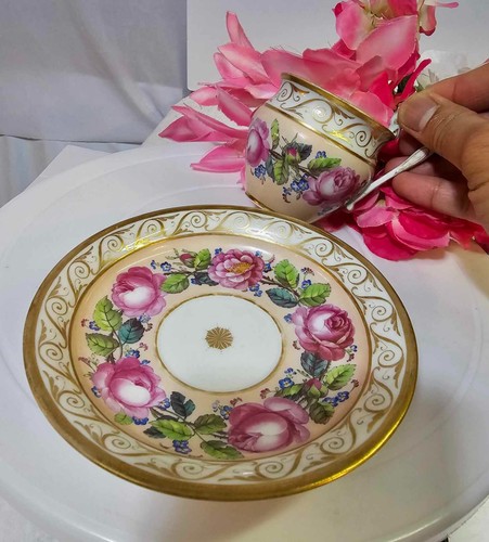 RARE Antique KPM Royal Berlin Cup & Saucer Pink Rose Swan Handle porcelain- READ - Picture 10 of 20