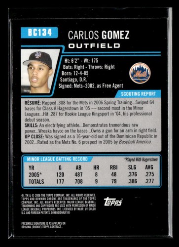 Carlos Gomez - 2006 Bowman Chrome Prospects #BC134 New York Mets - Picture 2 of 2