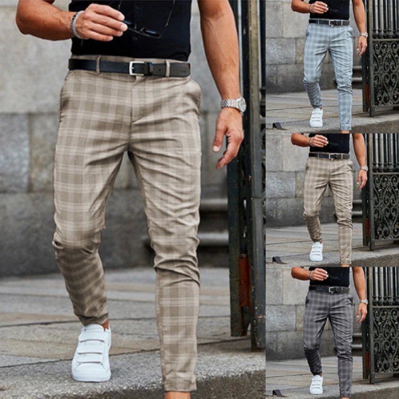 2021 Plaid Men's Slim Fit Trousers Pencil Pants Casual Business Leggings  Fashion