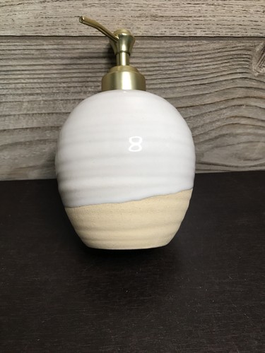 Round White And Stone Soap Dispenser Gold Accent Pump Action - Picture 7 of 7