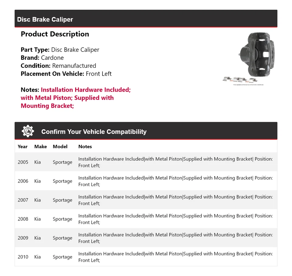 Pinza de freno de disco delantera izquierda cardone 2006 2007 2008 para Kia Sportage 2005-2010 Foto 2 de 4