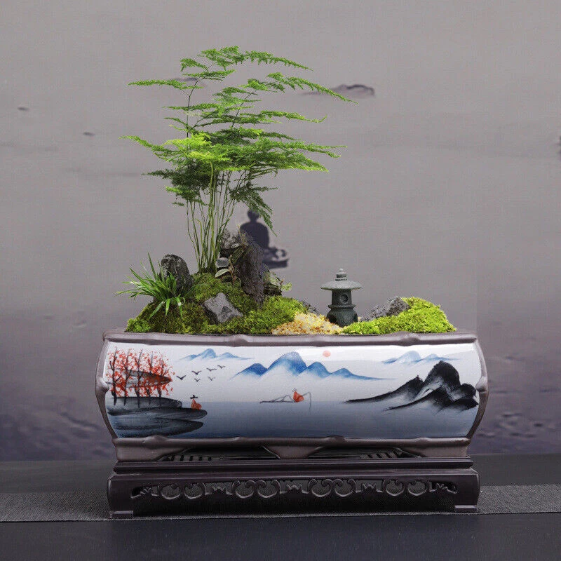 Maceta bonsai rectangular grande de alta gama con bandeja esmaltada arte chino maceta de cerámica Foto 2 de 4