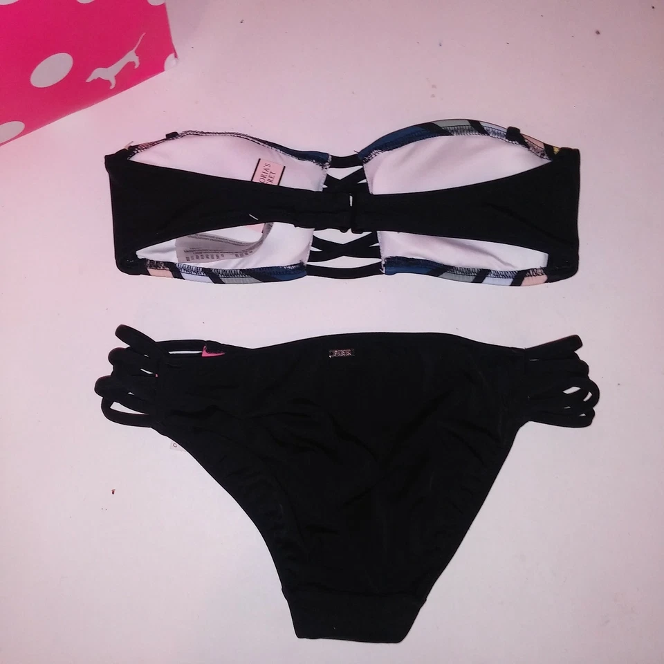 Bikini de natación Victoria Secret ROSA parte superior e inferior negro colorido a rayas bandeau Foto 4 de 4