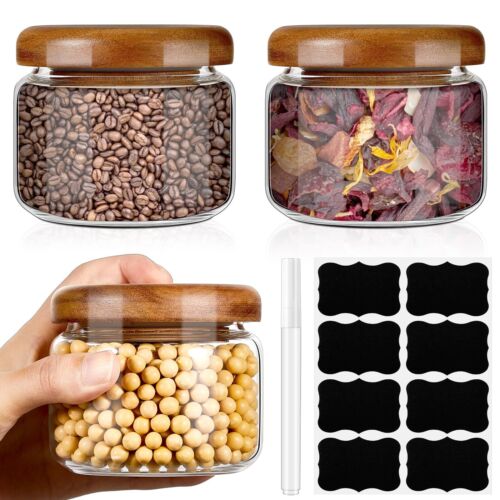 3 Pcs Small Glass Jars with Bamboo Lids 10 oz Clear Storage airtight Round