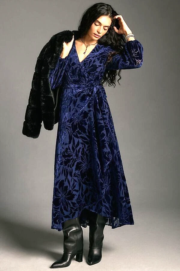New Anthropologie Hutch Long-Sleeve Velvet Wrap Maxi Dress Burnout Navy MP NWT - Image 2 of 4