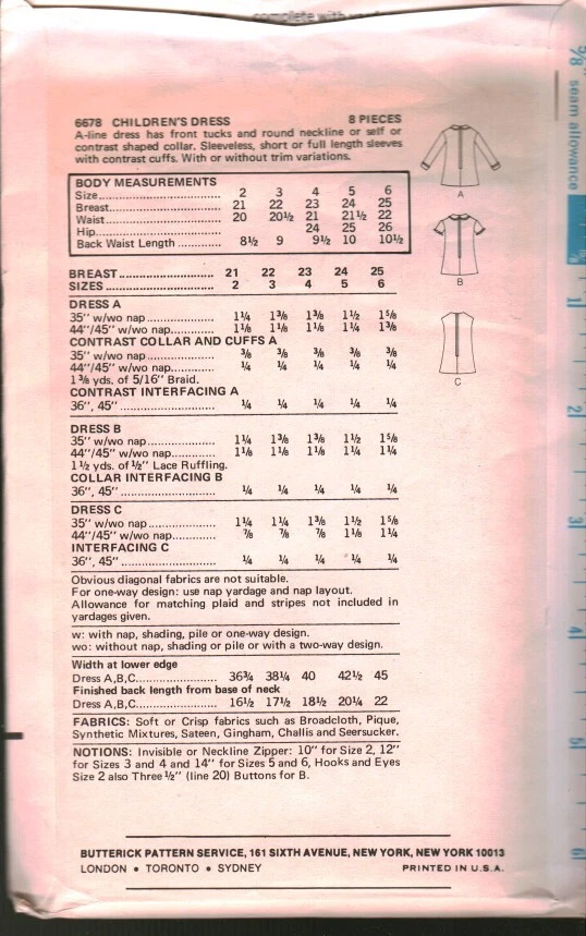 Vestido 6678 Butterick Vintage Patrón de Costura Años 70 Niñas Línea A SIN CORTAR 2 Pliegues Fuera de Stock Foto 2 de 2