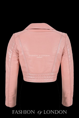 Ladies Biker Leather Jacket Baby Pink Real Lambskin Cropped Body Classic Fashion - Picture 2 of 5