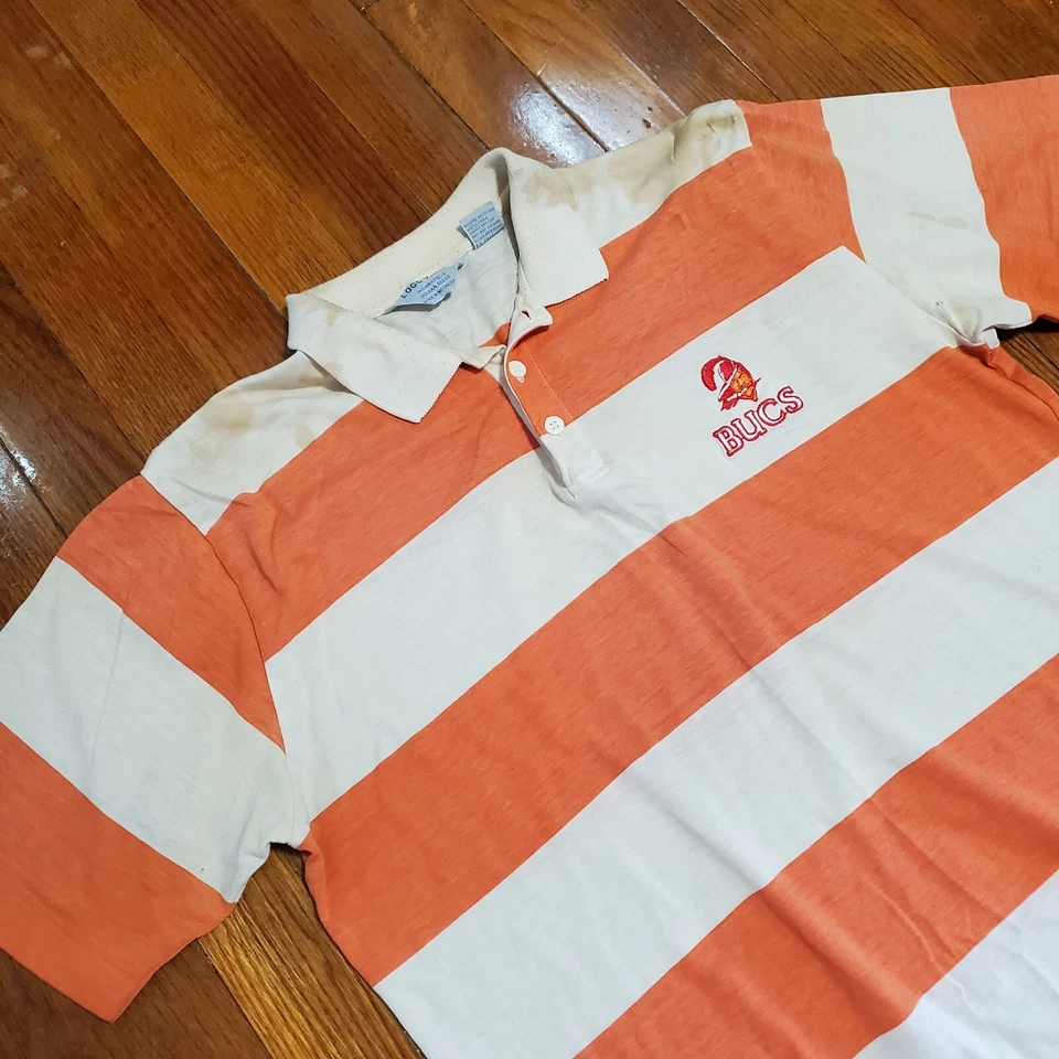 Винтажная рубашка-поло Tampa Bay Buccaneers NFL оранжевая в полоску размер L логотип 7 окрашенная  - Изображение 3 из 4