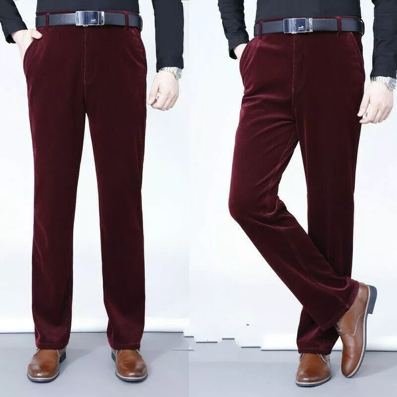 Men Corduroy Pants Cotton Trousers 70s 80s Retro Straight Business Slim Fit  Red