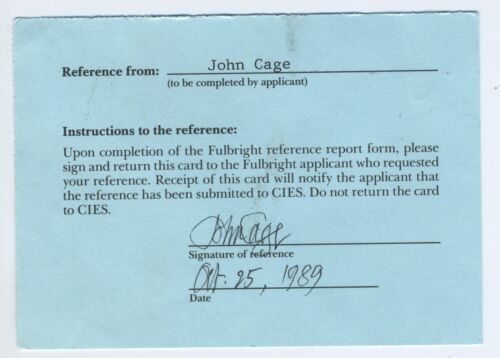 John CAGE (Composer): Signed Reference Card for outlet Paul ZUKOFSKY (Violinist)