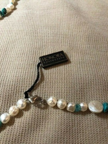 Honora freshwater white pearl strand with turquoise and apatite. 40" .925 NIB - Bild 2 von 4