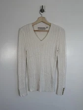 Holland Cooper Jumper Size XS White Cable Knit Stretch Sweater Buttons Tight