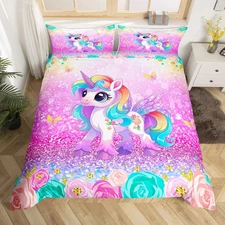 Girly Floral Unicorn Duvet Cover Set Twin Size, Rose Pink Glitter Comforter Cove