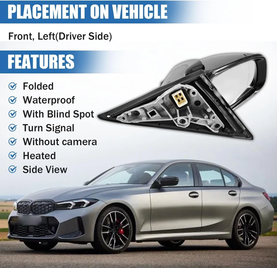 Left/Driver Side Mirror For 2019-2023 BMW 320i 330i 330e With Blind Spot Black - Image 2 of 4