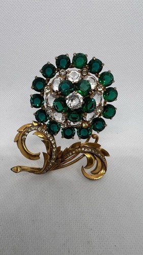 Open Back Brooch Pin Art deco Rare High Dome Huge Green Rhinestone Flower