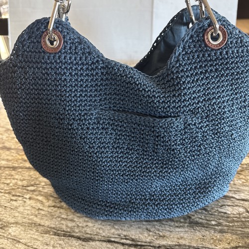 The Sak Vintage Slate Blue Indio Crochet Hobo Handbag Purse Braided Handle Nice - Picture 6 of 11