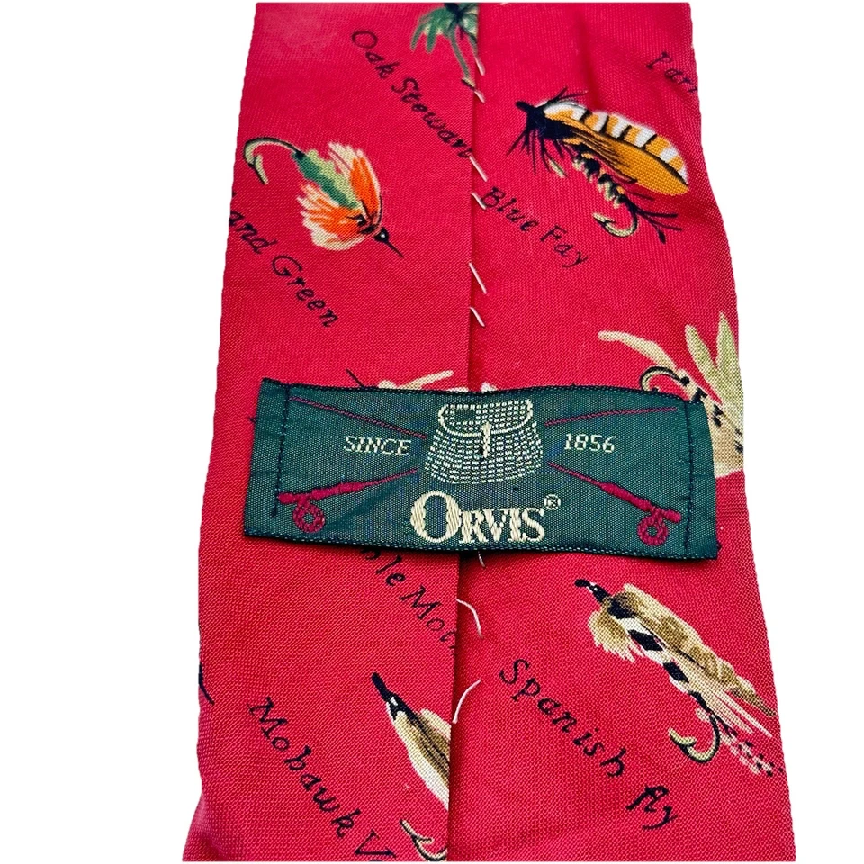 Corbata deportiva Orvis para hombre roja con señuelos de pesca con nombre 100 % algodón Foto 2 de 4