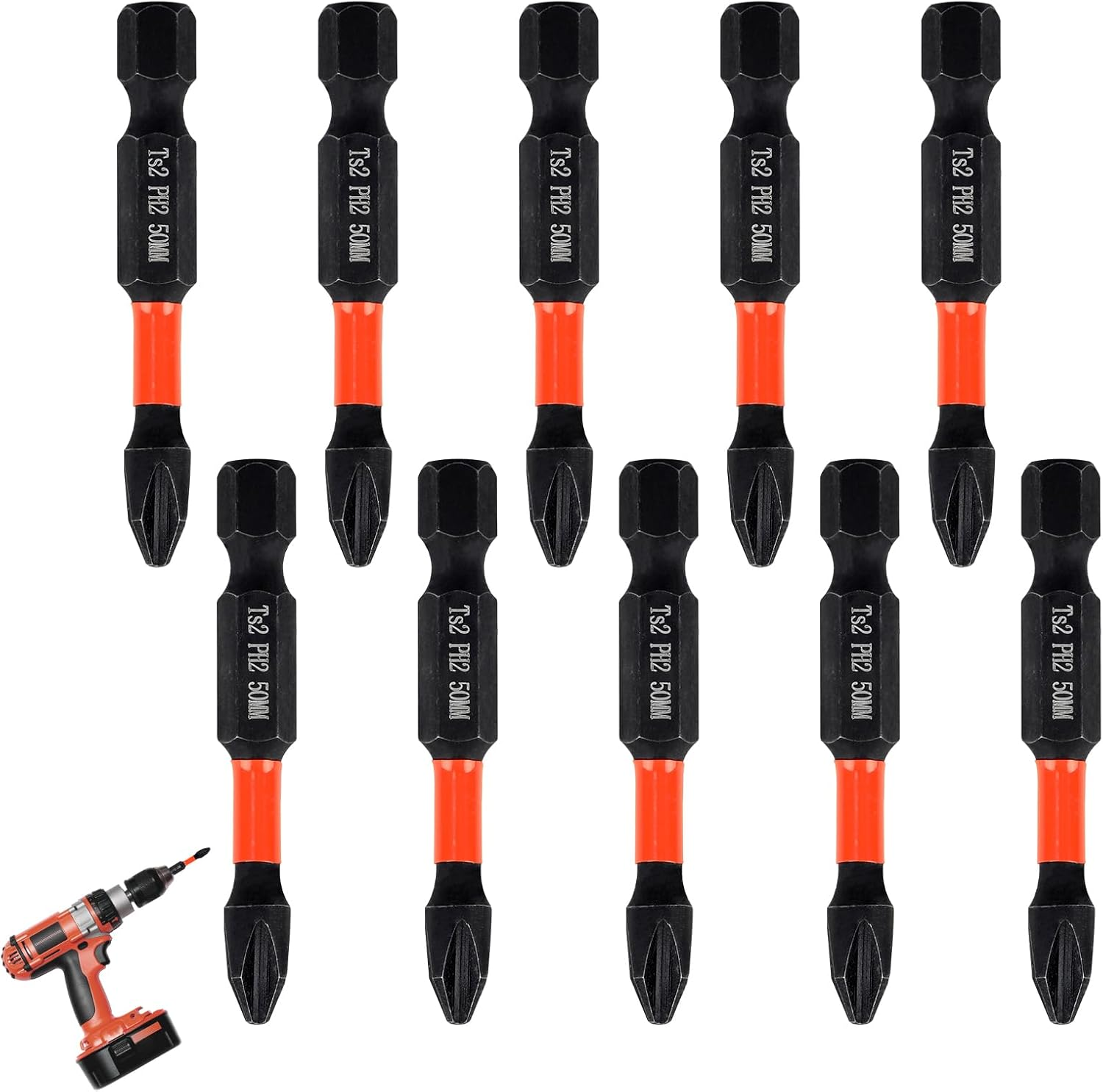 10Pcs Ph2-50Mm Pozi-Drive 2 Impact Duty Screwdriver Drill Driver Bits Sets,Anti-