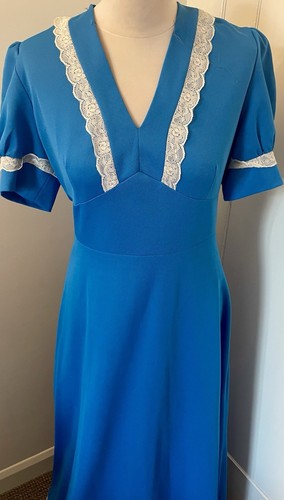 Vintage 1970s Blue Prairie Boho Style Maxi Dress With Lace Detail - Size 12 - Picture 3 of 17