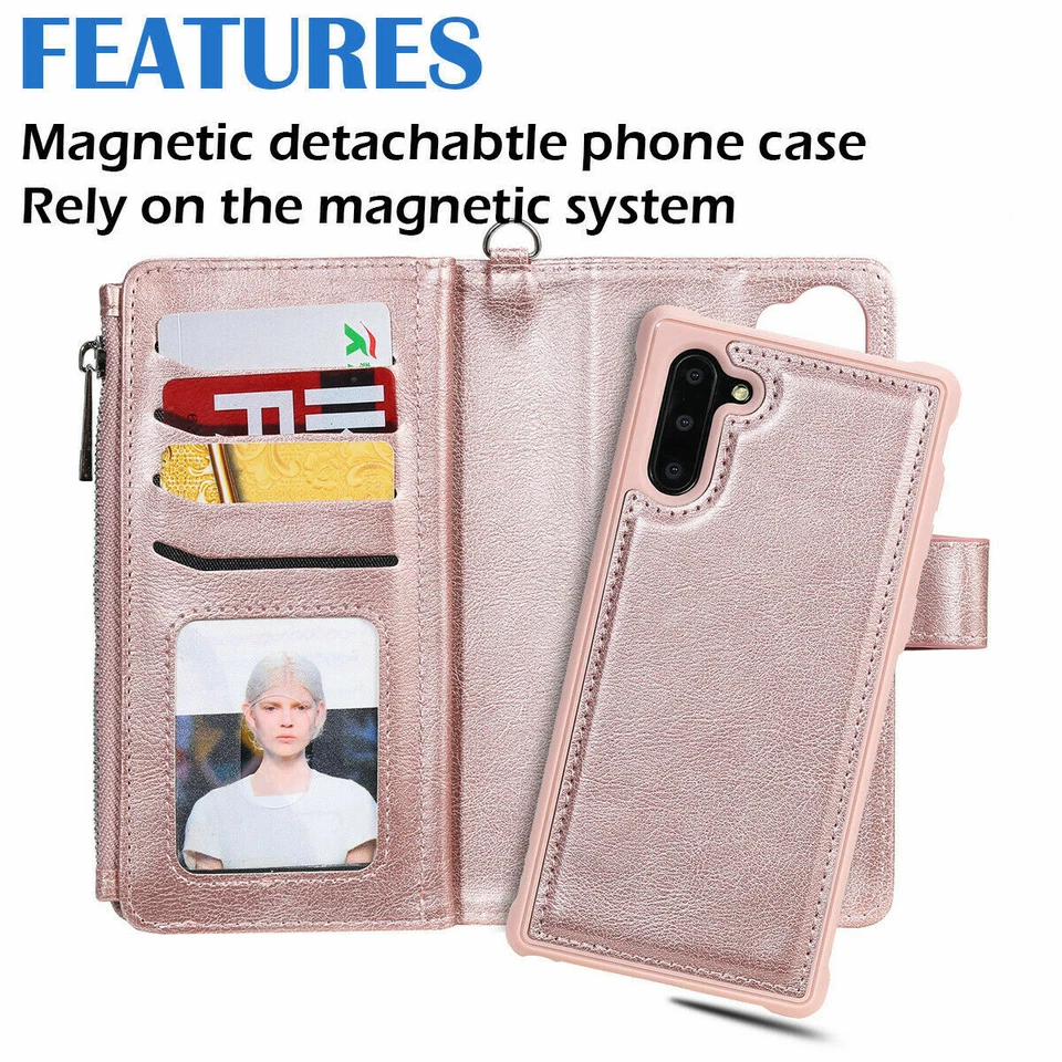 Funda tipo billetera de cuero con cremallera extraíble para Samsung S20 S10 S8 S9 Plus Note 10 9 8 Foto 3 de 4