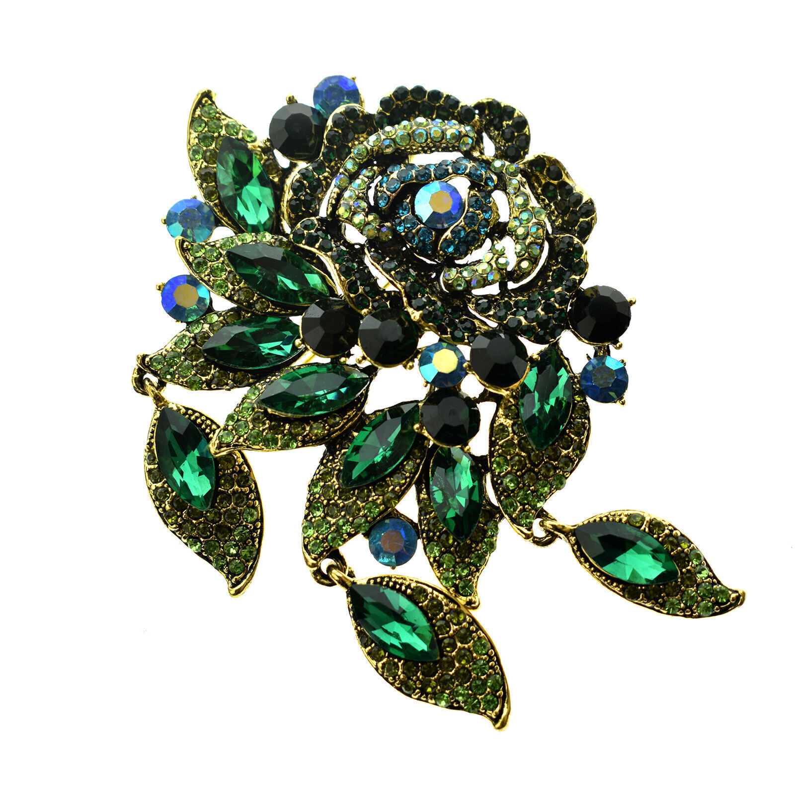 Lady Vintage Style Rose Flower Pendant Brooch Pin Green Cyan Rhinestone