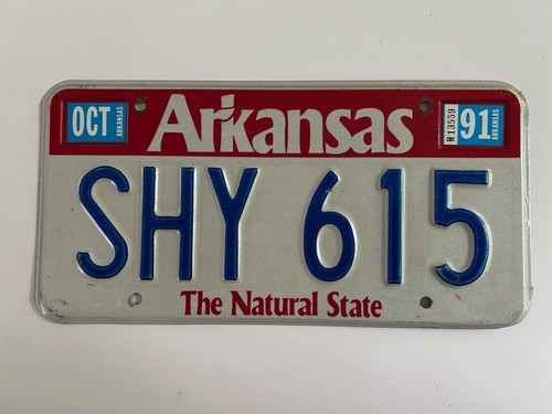 1991 Arkansas License Plate Natural Sticker "SHY" not a vanity, just random