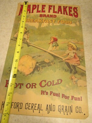 50 s MAPLE FLAKES BRAND BREAKFAST FOOD TIN Old Style 15x24''Hosford General Grain