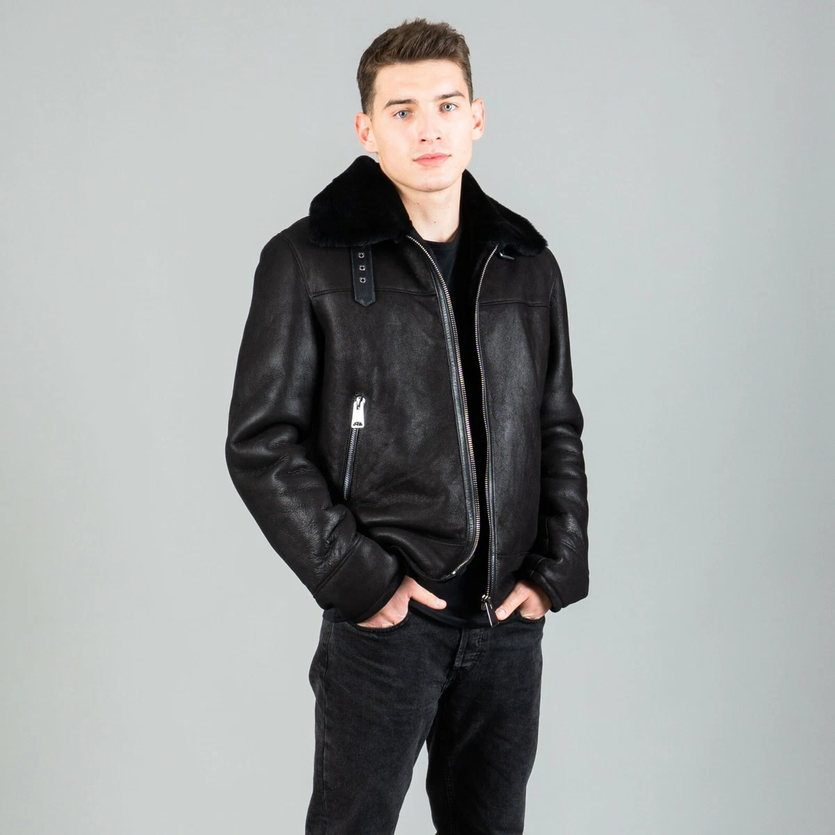 Real Sheepskin Jacket In Black With A Sheep Wool Collar Pockets And A Zipper