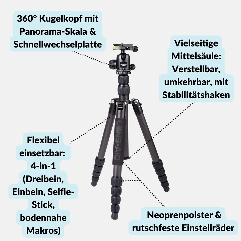 Lens-Aid Carbon Reisestativ – Dreibeinstativ Kamera mit Kugelkopf, nur 1,2 kg - Bild 3 von 4