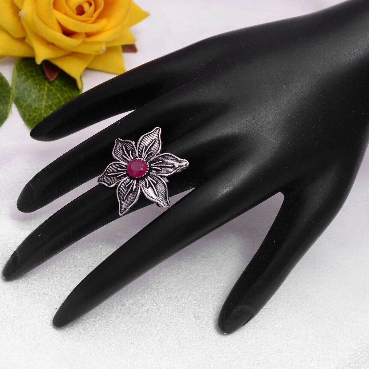 Silver Oxidised Stackable Flower Ring with Red Stone Birthstone
