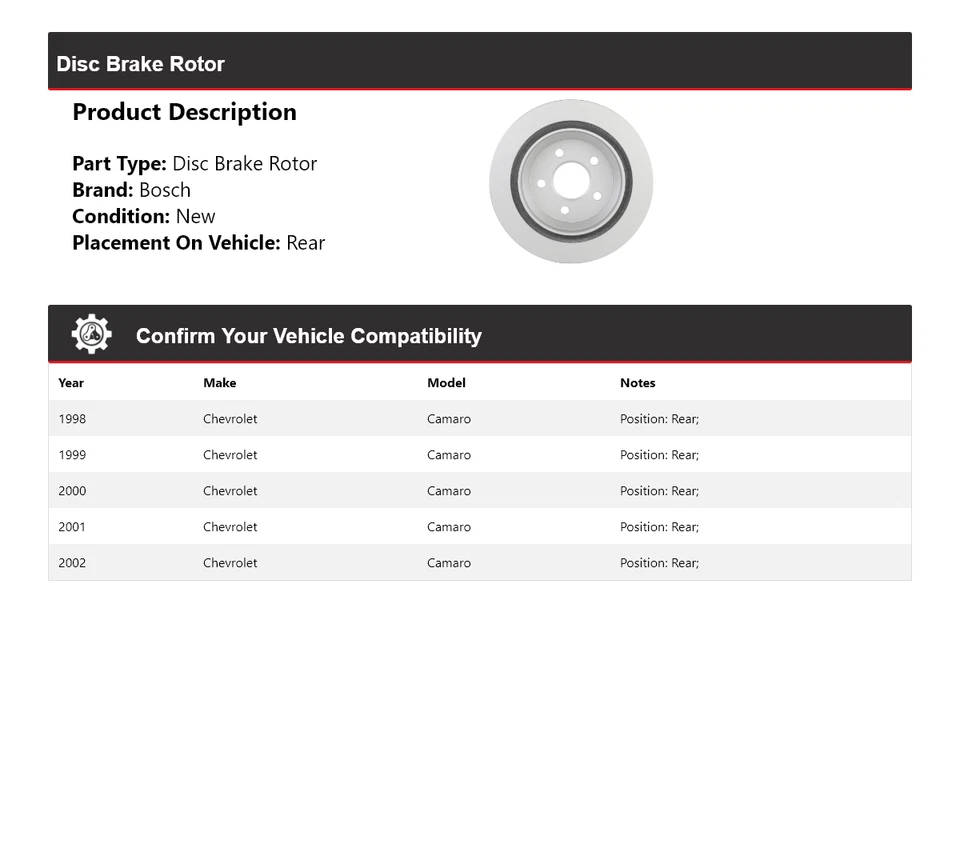 Rotor de freno de disco trasero QuietCast para Chevrolet Camaro Bosch 1998-2002 1999 2000 Foto 2 de 4