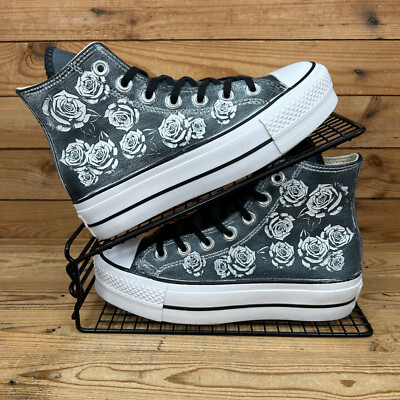 Converse Turnschuhe Damen Größe UK 3,5 All Star Lift Plateau schwarz Blumen Schuhe
