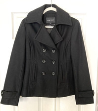 Nine West Women's Pea Coat Black Wool Blend Double Breasted Button EUC Size 8
