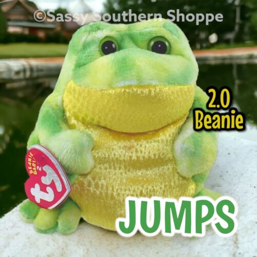 ❤️ 2007 JUMPS Fuzzy Green & Yellow BULLFROG Ty® Beanie Babies 2.0 *MWMT* - Picture 1 of 3