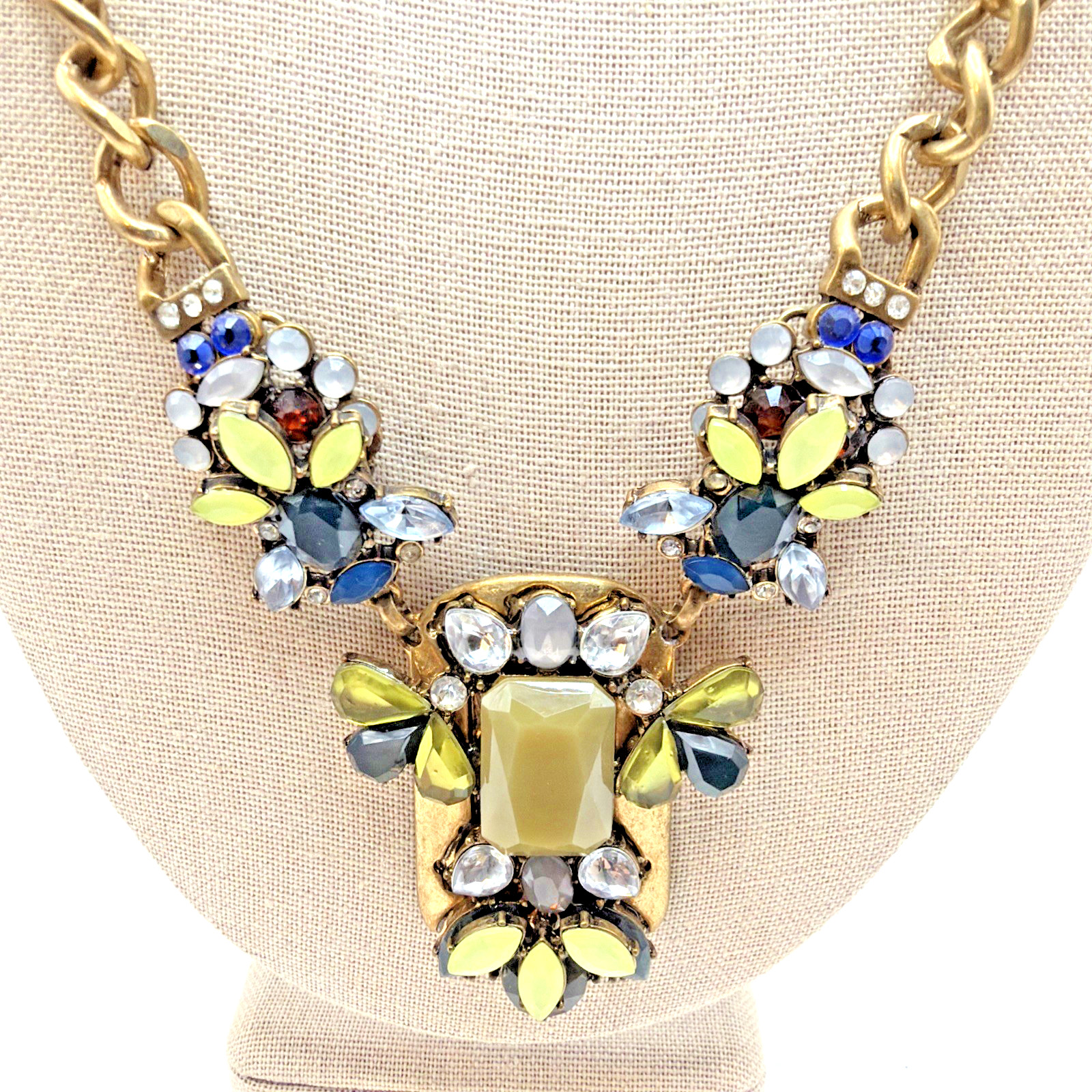 Vintage Statement Necklace Gold Toned Lucite Yellow Blue Green Rhinestones